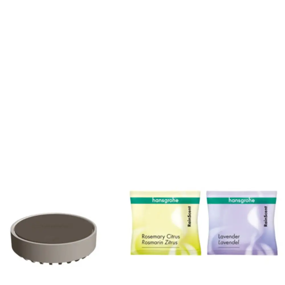 Hansgrohe RainScent Starter Kit mit einer matten Halterung und zwei Dufttabs in den Sorten Rosmarin-Zitrus und Lavendel.